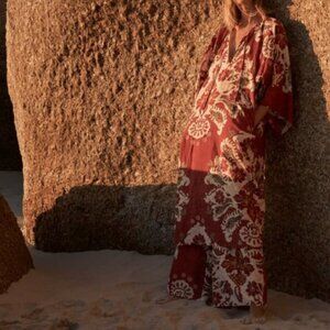 Zara Linen Blend Resort Set Printed Wide Leg Pants XL Tunic Dress M/L Boho